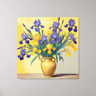 Stilleven met Gele en Blauwe Irissen in een Gouden Canvas Afdruk