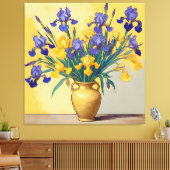 Stilleven met Gele en Blauwe Irissen in een Gouden Canvas Afdruk (Insitu (Woonkamer))