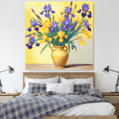 Stilleven met Gele en Blauwe Irissen in een Gouden Canvas Afdruk (Insitu (Slaapkamer))