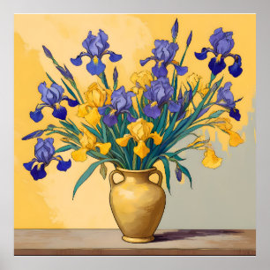 Stilleven met Gele en Blauwe Irissen in een Gouden Poster