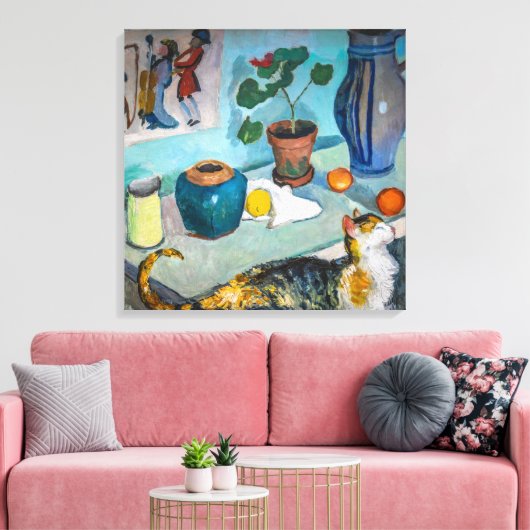 Stilleven met kat | Auguste Macke | Canvas Afdruk (Insitu (Woonkamer))