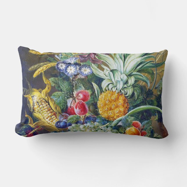 Stilleven met maïs, fruit en blauwe bloemen kussen (Voorkant)