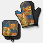 Stilleven met meloenen, druiven, perzik & kersen - ovenwant & pannenlap set (Voorkant / Achterkant)
