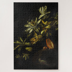  stilleven met passionbloemen op zwart legpuzzel
