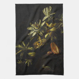  stilleven met passionbloemen op zwart  theedoek