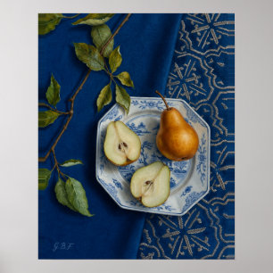 Stilleven met peer Blauw Textiel Olie Schilderij Poster