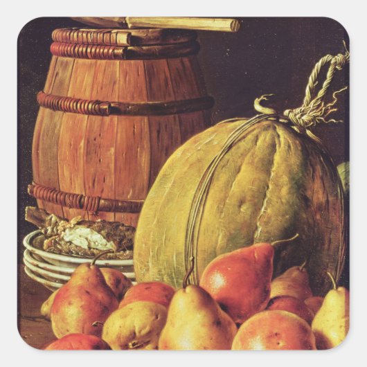 Stilleven met peren, meloen en vat vierkante sticker (Voorkant)