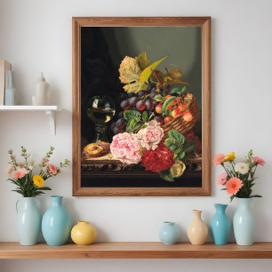 Stilleven met pioenrozen en een glas wijn poster