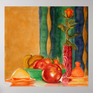 stilleven met roos en fruit poster
