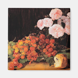 Stilleven met rozen, aardbeien en brood magneet