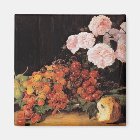 Stilleven met rozen, aardbeien en brood magneet (Voorkant)