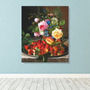 Stilleven met rozen en aardbeien door Otto Ottesen Canvas Afdruk