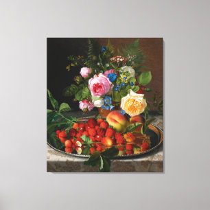 Stilleven met rozen en aardbeien door Otto Ottesen Canvas Afdruk