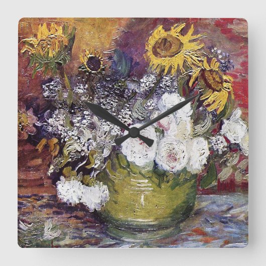 Stilleven met Rozen en zonnebloemen - Van Gogh Vierkante Klok (Voorkant)