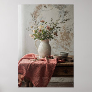 Stilleven met wildebloemenkan en koraal linnen poster