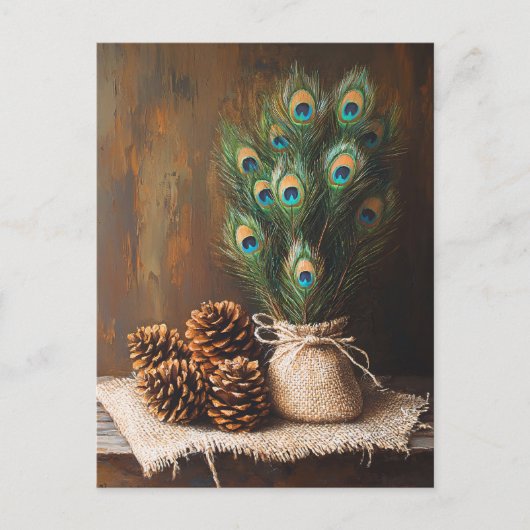 Stilleven Peacock veren Pinecones Briefkaart (Voorkant)