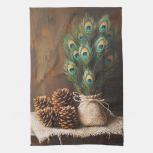 Stilleven Peacock veren Pinecones Theedoek