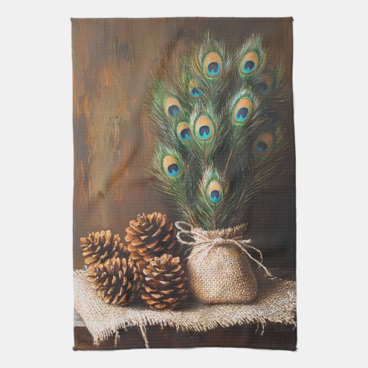 Stilleven Peacock veren Pinecones Theedoek (Verticaal)