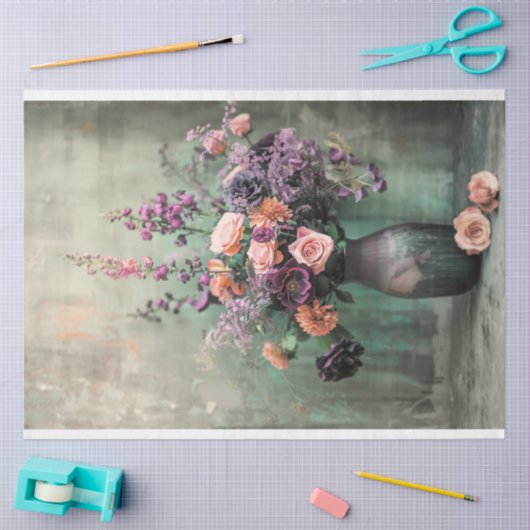 Stilleven, vaas & levendige rustieke Paarse bloeme Tissuepapier (Craft)