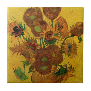 Stilleven vaas met 15 zonnebloemen Vincent van Gog Tegeltje