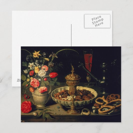 Stilleven van bloemen en gedroogde vruchten, 1611 briefkaart (Voorkant / Achterkant)