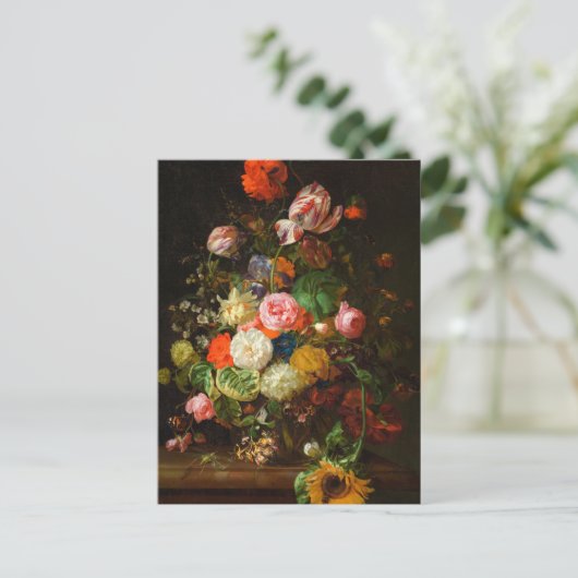 Stilleven van rozen, tulpen, een zonnebloem, 1710 briefkaart (Staand voorkant)