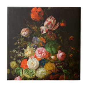 Stilleven van rozen, tulpen, een zonnebloem, 1710 tegeltje