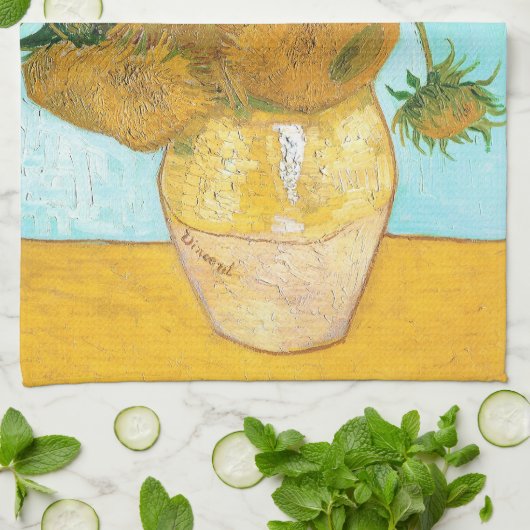 Stilleven - Vase met twaalf zonnebloemen van Gogh Theedoek (Gevouwen)