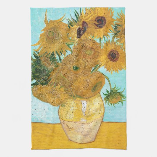 Stilleven - Vase met twaalf zonnebloemen van Gogh Theedoek (Verticaal)