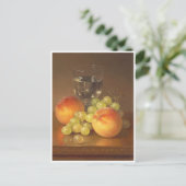 Stilleven, wijnglas, twee perziken, fruit en wijn briefkaart (Staand voorkant)