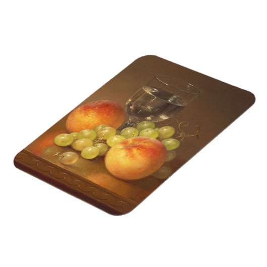 Stilleven, wijnglas, twee perziken, fruit en wijn magneet (Linkerzijde)