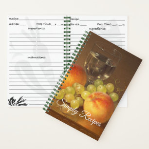 Stilleven, wijnglas, twee perziken, fruit en wijn notitieboek