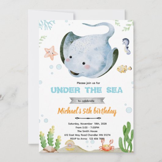 Stingray birthday party invitation kaart (Voorkant)