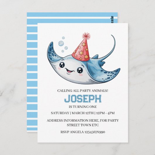 Stingray verjaardagsfeest uitnodiging zwembad (Voorkant / Achterkant)