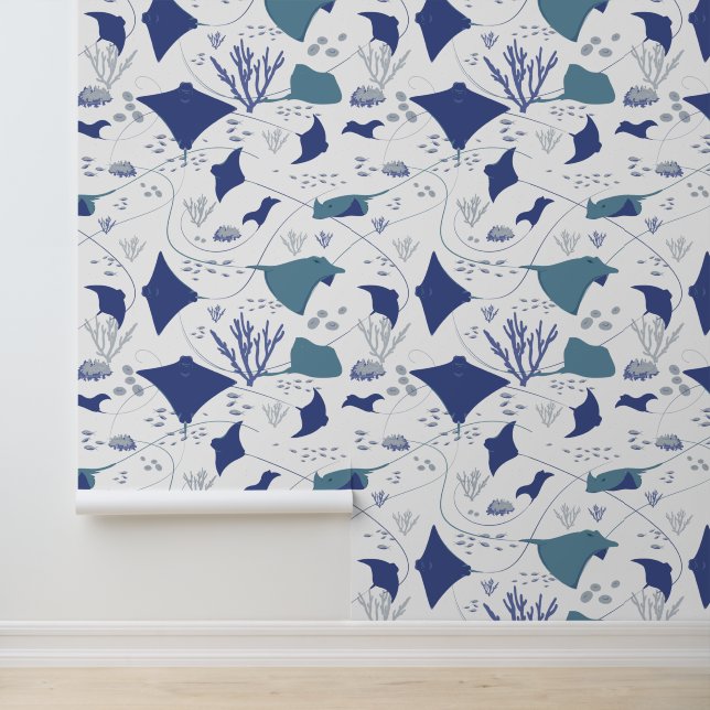 Stingrays Blauw Witte Oceaan Print Behang (Applicatie)