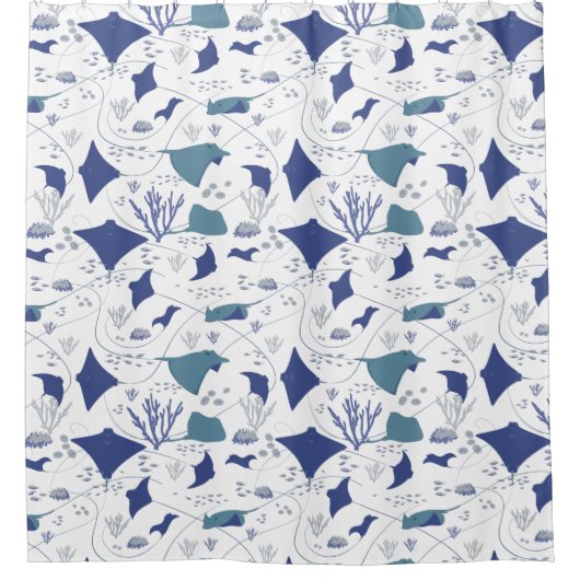 Stingrays Onderwater Wereld Blauw en Wit Douchegordijn (Voorkant)