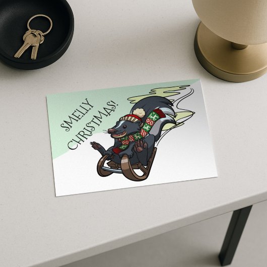 Stinkdier op een gesmeed, smelly kerstslaapCartoon Feestdagenkaart