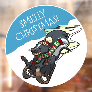 Stinkende kerst! Skunk op een slee Xmas Cartoon Raamsticker