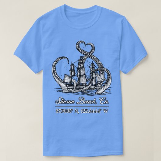Stinson Beach CA nautische coördinaten boot octopu T-shirt (Design voorkant)
