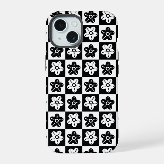 Stip bloem zwart wit iPhone 15 case (Achterkant)