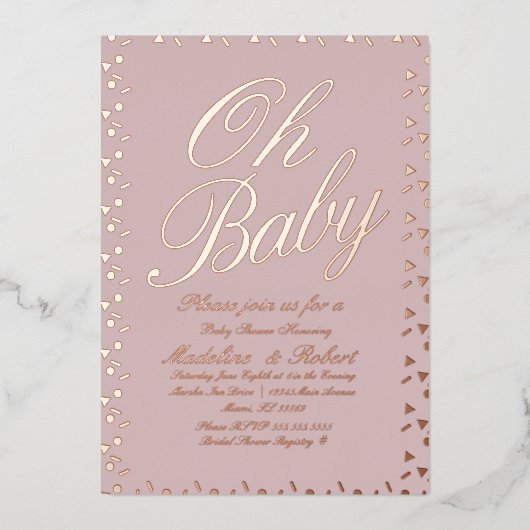 Stip Confetti Baby shower Roze geperst Folie Uitnodiging (Voorkant)