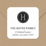stippelcirkel familie monogram Adresetiketten Vierkante Sticker<br><div class="desc">Aangepaste stickers voor retouradressen die zijn afgestemd op je gezinslogo en -adres. Gebruik de ontwerphulpmiddelen om de achtergrondkleur en de doopvonten te veranderen om uw eigen uniek ontwerp verder aan te passen.</div>