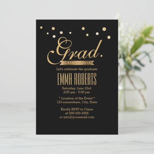 Stippen afstuderen Black & Gold Confetti Kaart (Staand voorkant)