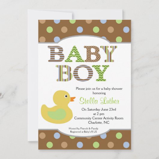 Stippen Baby Boy Duck Baby shower Uitnodiging (Voorkant)