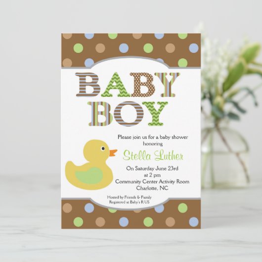 Stippen Baby Boy Duck Baby shower Uitnodiging (Staand voorkant)