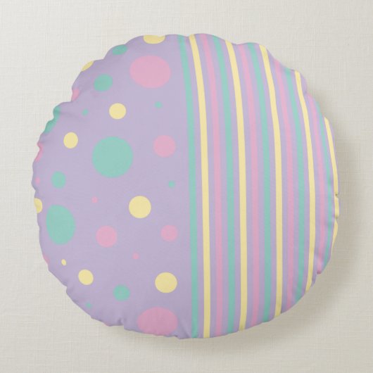 Stippen en Strepen - Roze, Geel, Paars, Groen Rond Kussen (Voorkant)
