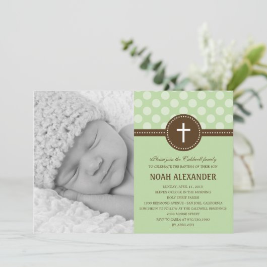 Stippen Foto Christening Invitation Green Kaart (Staand voorkant)