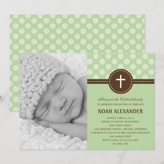 Stippen Foto Christening Invitation Green Kaart (Voorkant / Achterkant)