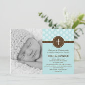 Stippen Foto van Christening Uitnodigingsblauw Kaart (Staand voorkant)