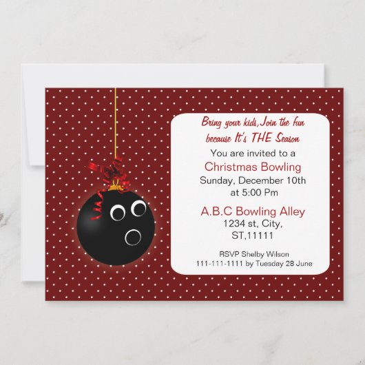 Stippen leuke rode kerstbowling uitnodigingen (Voorkant)